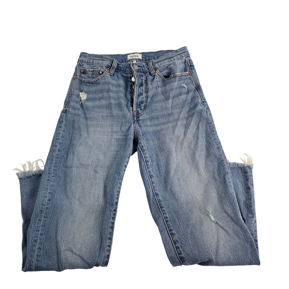 Pistola Women's Size 27 Blue Distressed Crop Straight Leg‎ Jeans Raw Hem